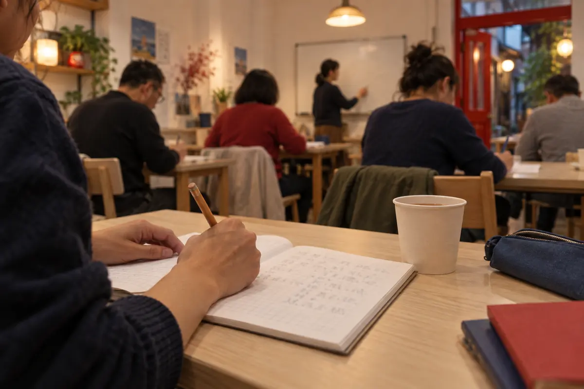 晚間日文課：學員在方格練習簿上寫字，前方老師在白板書寫（AI 生成的示意照片）
