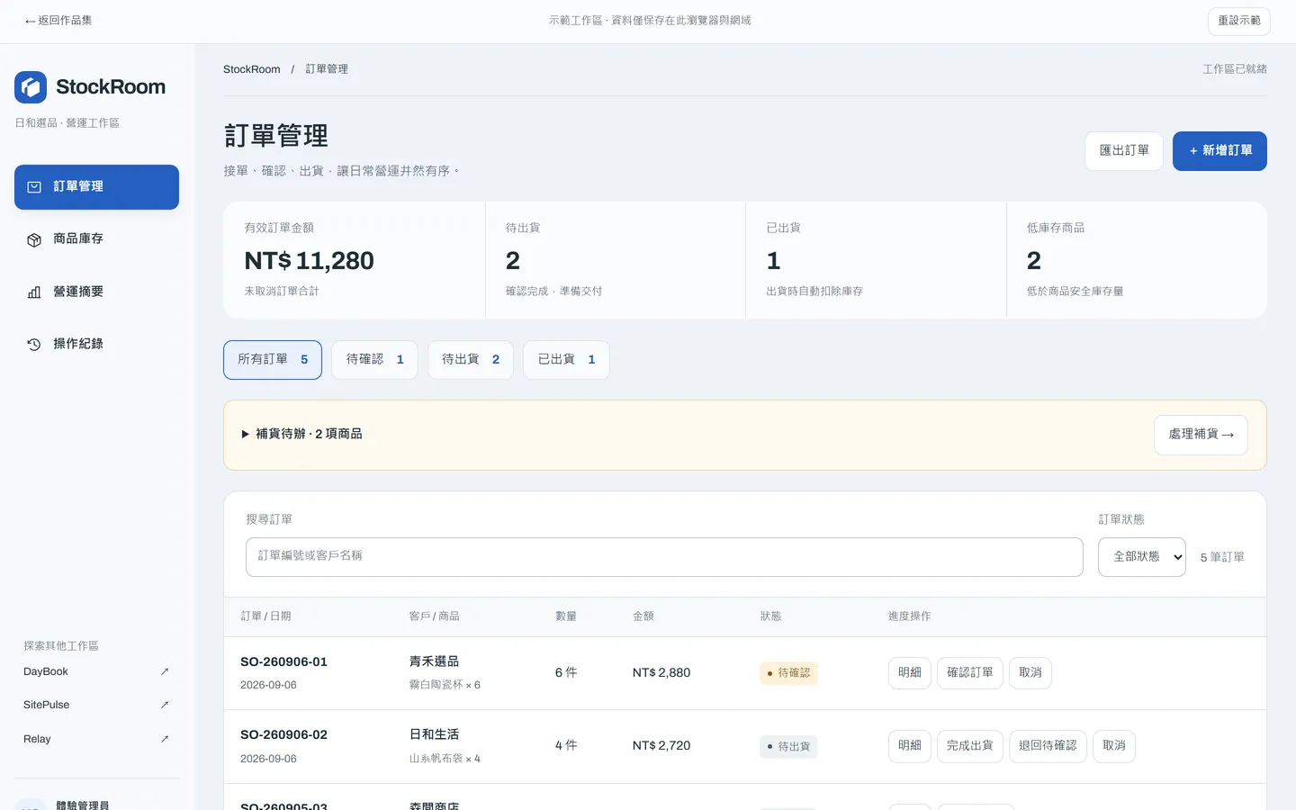 StockRoom 訂單管理畫面：本月營收與訂單統計、訂單列表與處理狀態