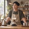 高以帆老師的示意肖像：短髮、帆布圍裙，站在木櫃台後的手沖咖啡器具旁（AI 生成的示意照片）