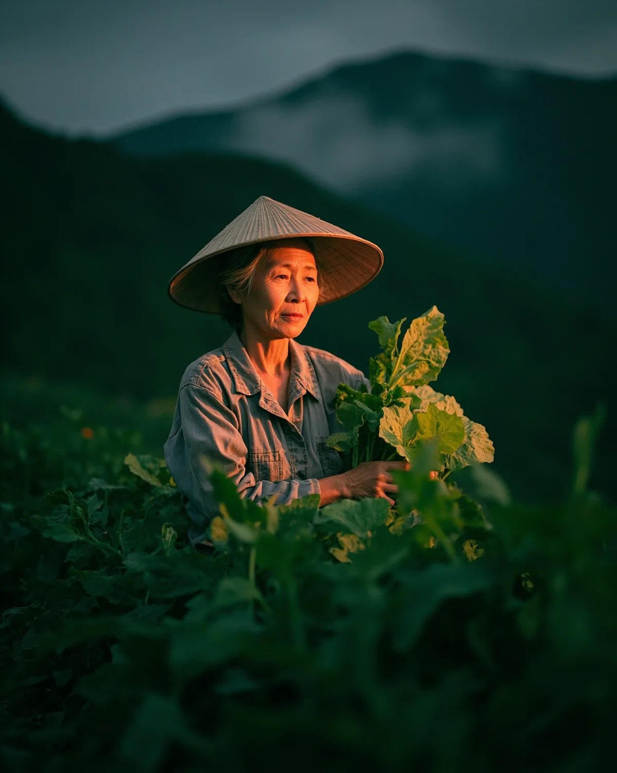 在山邊菜園裡抱著一束現採葉菜的農人