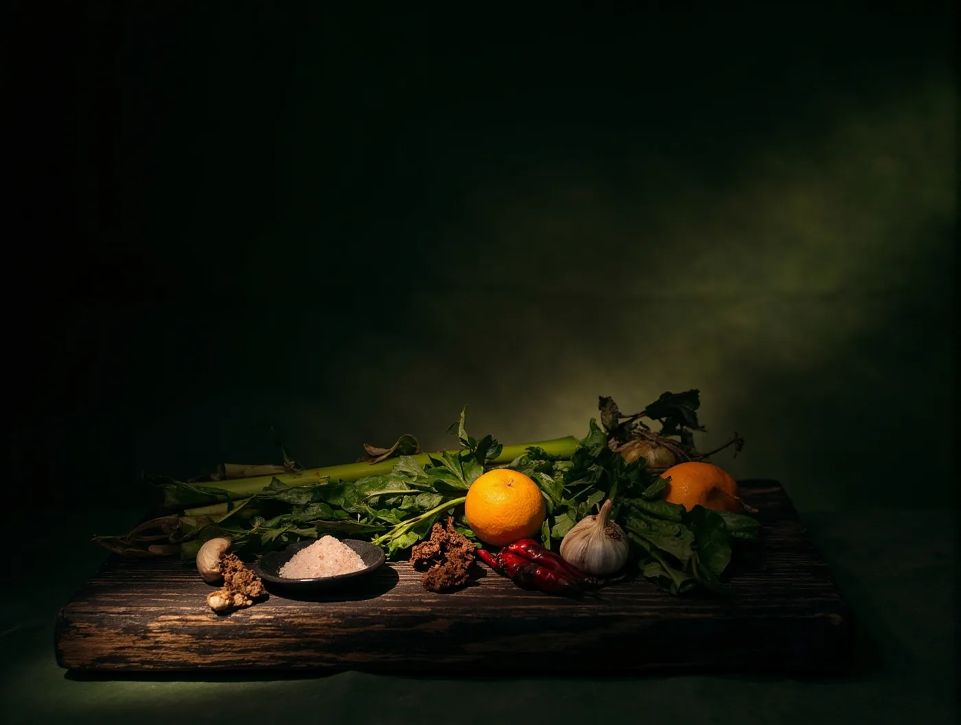 深色木桌上排開的當季食材：竹筍、青皮柑橘、山菜與粗鹽
