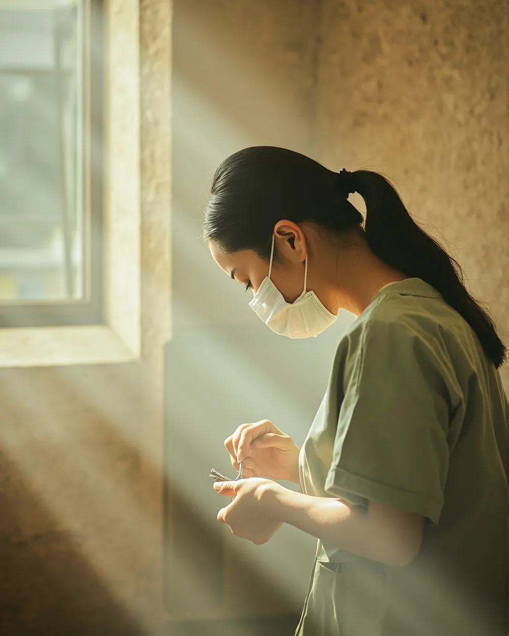 戴口罩的女醫師側面低頭，專注調整手中的器械