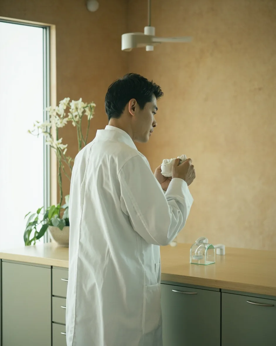 身穿白袍的男醫師背影，正在檯面前檢視石膏牙模