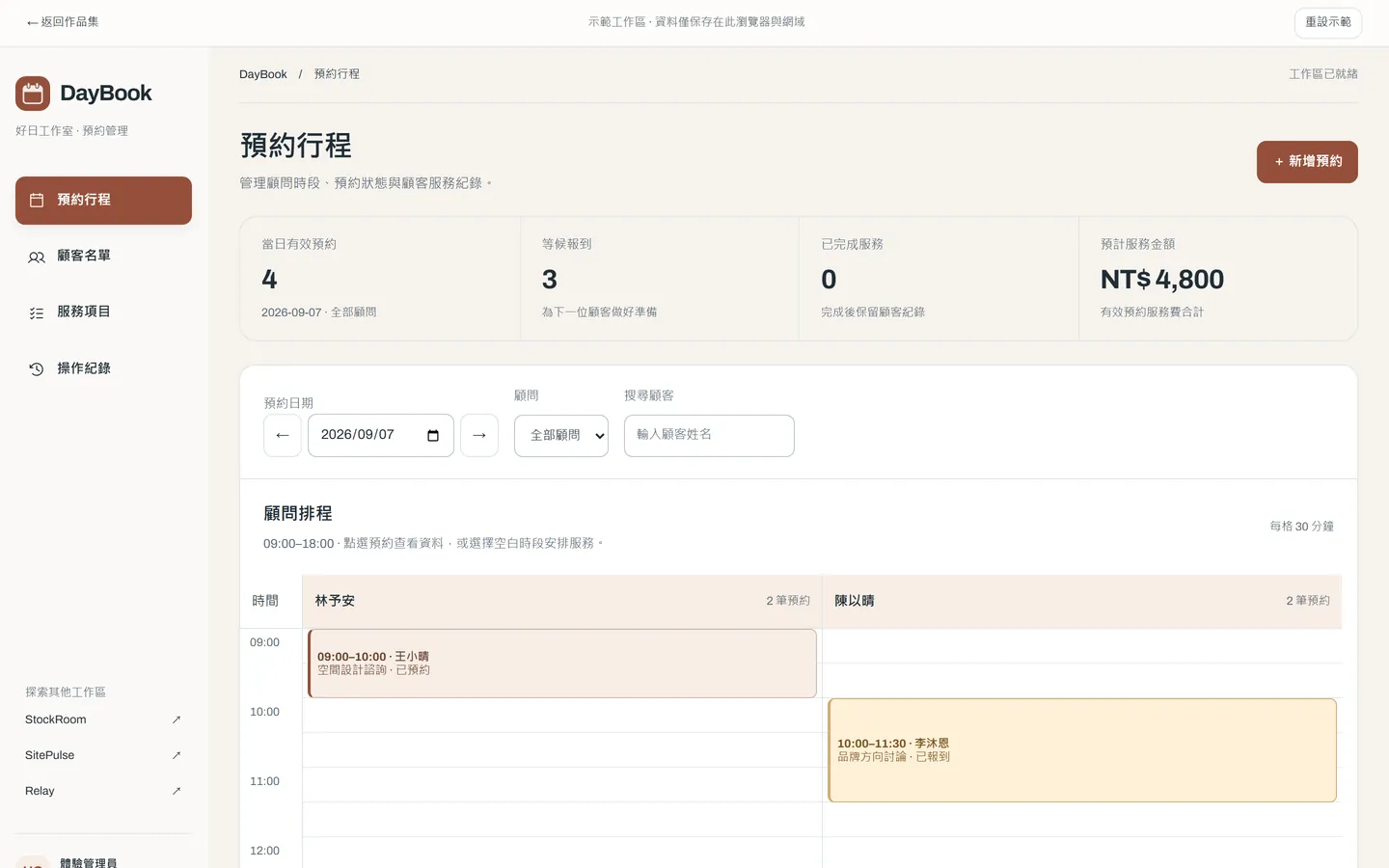 DayBook 預約行程畫面:當日預約統計、顧問排程表與預約明細